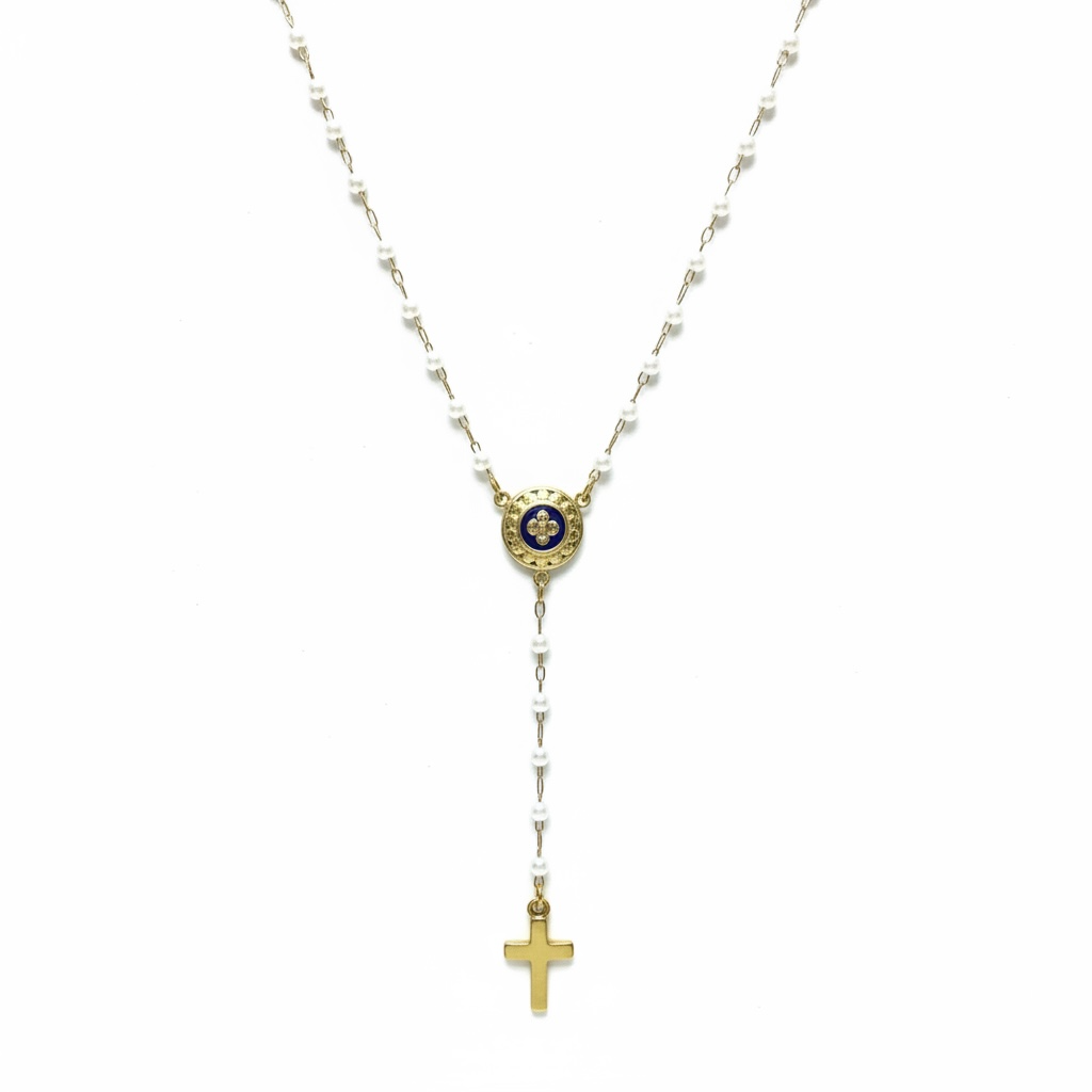 Collier type chapelet caramujo croix