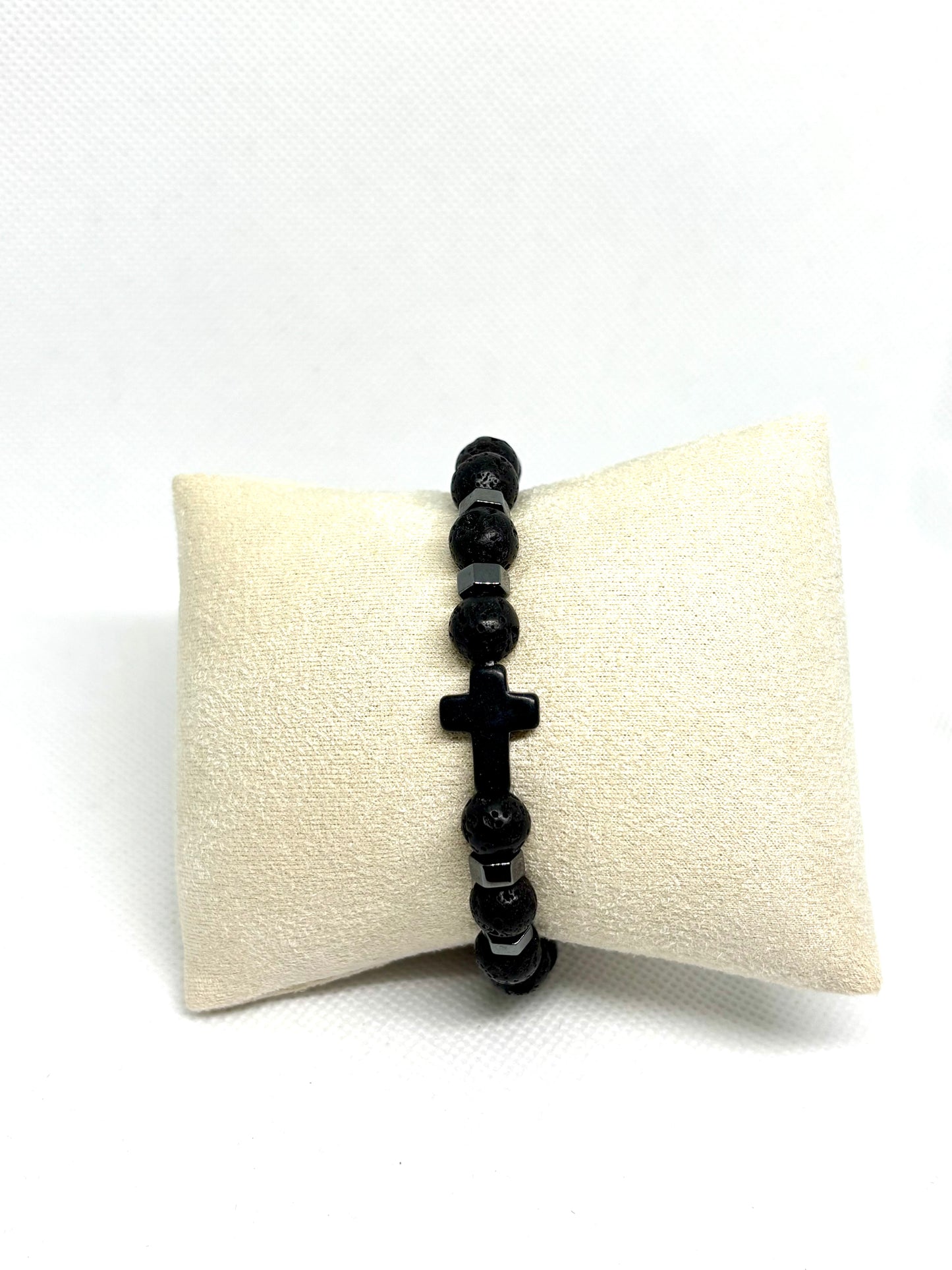 BRACELET HOMME PIERRE VOLCANIQUE ET CROIX